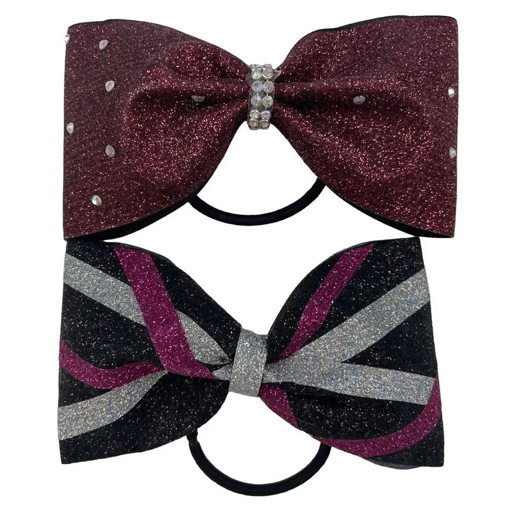 Cheer Hair Bows Set of 2 Elastic Band Burgundy Black Pink Silver Girl's Small